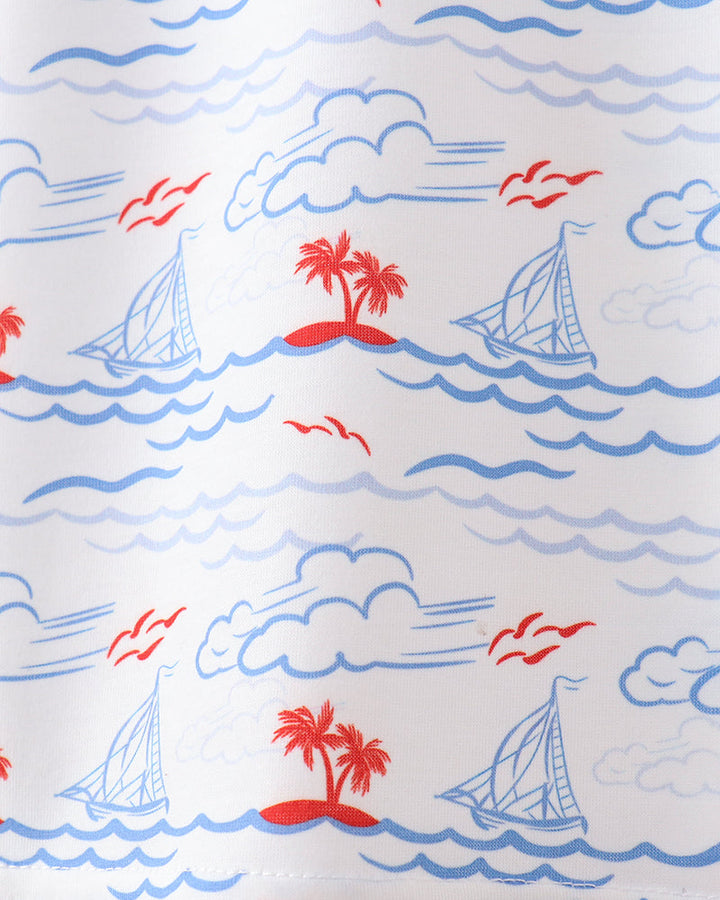 Pattern of sailboats, palm trees, and clouds on a white background