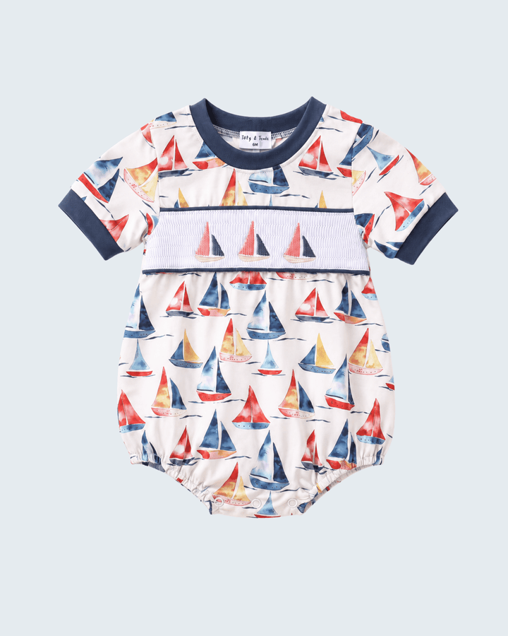 Blue Sailboat Smocked Bubble on light blue background