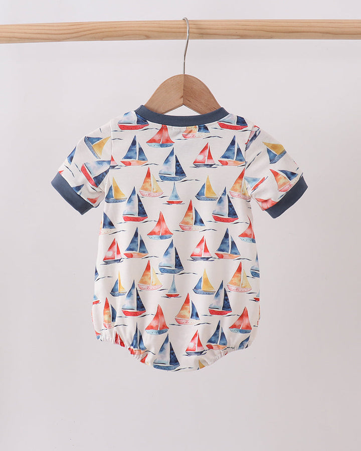 Blue Sailboat Smocked Bubble on wooden hanger