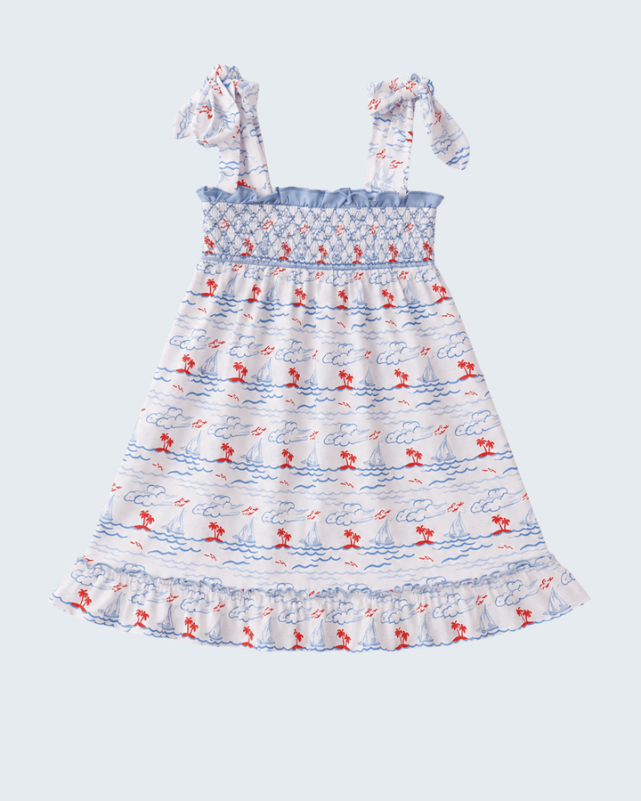 Floral dress with ruffled details on a white background