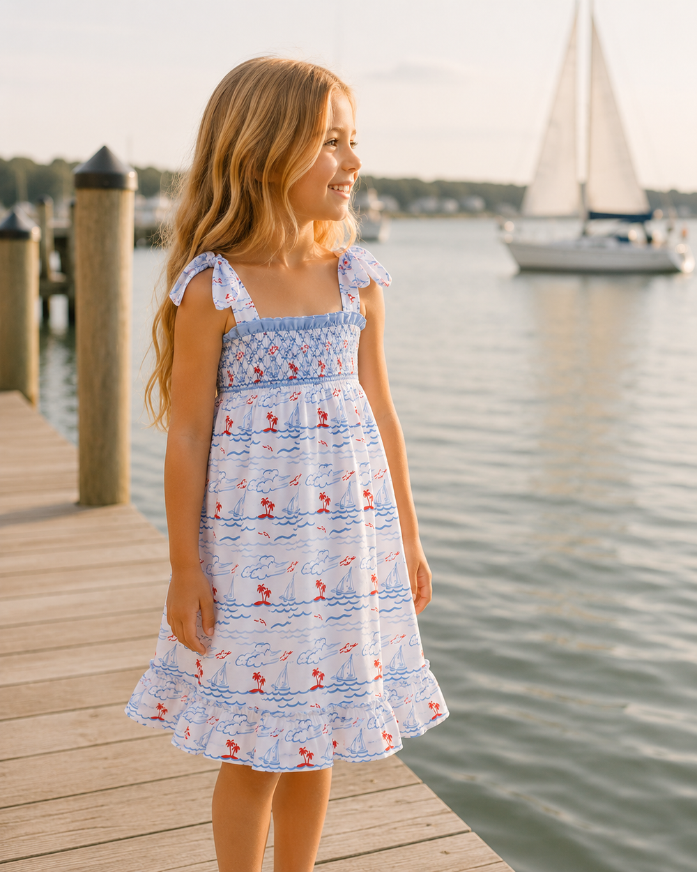 Young girl in a floral dress standing on a dock by a body of water with a sailboat in the background.