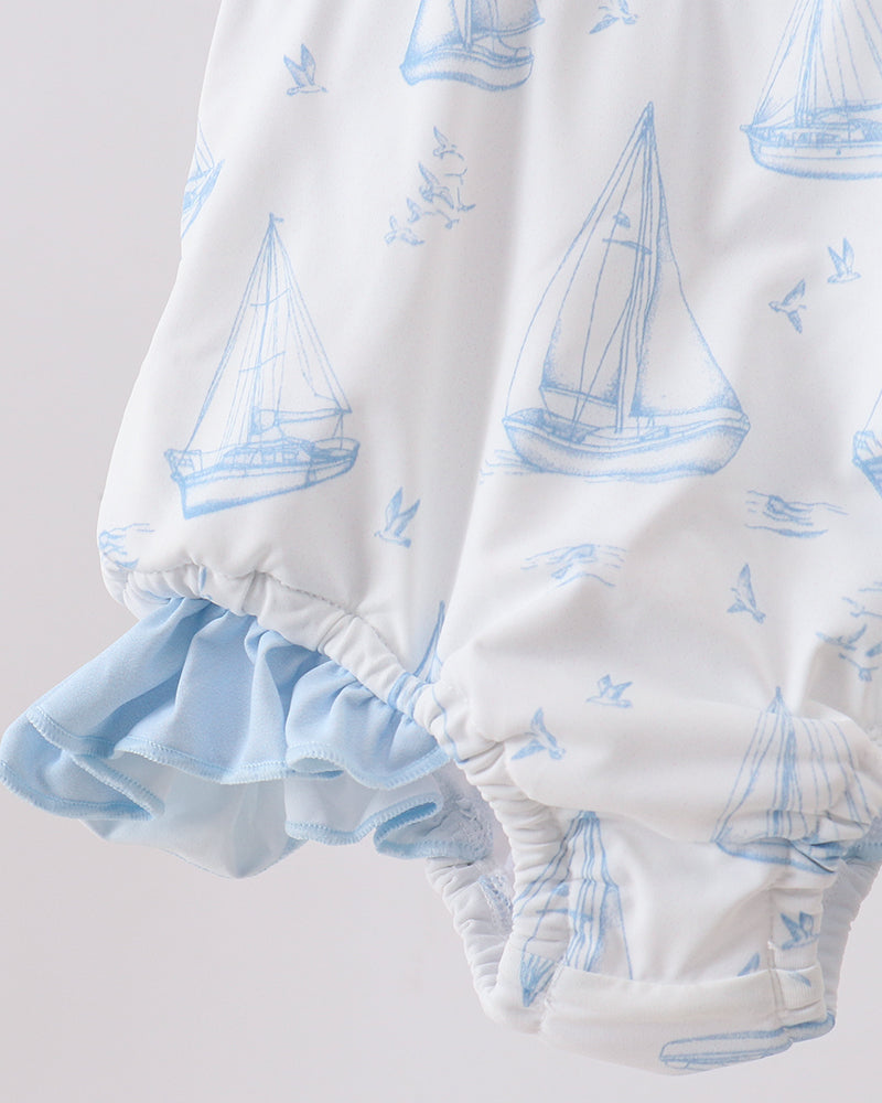 Sailboat print swimsuit with ruffles