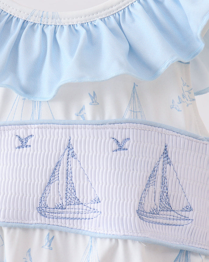 Sailboat print smocked swimsuit