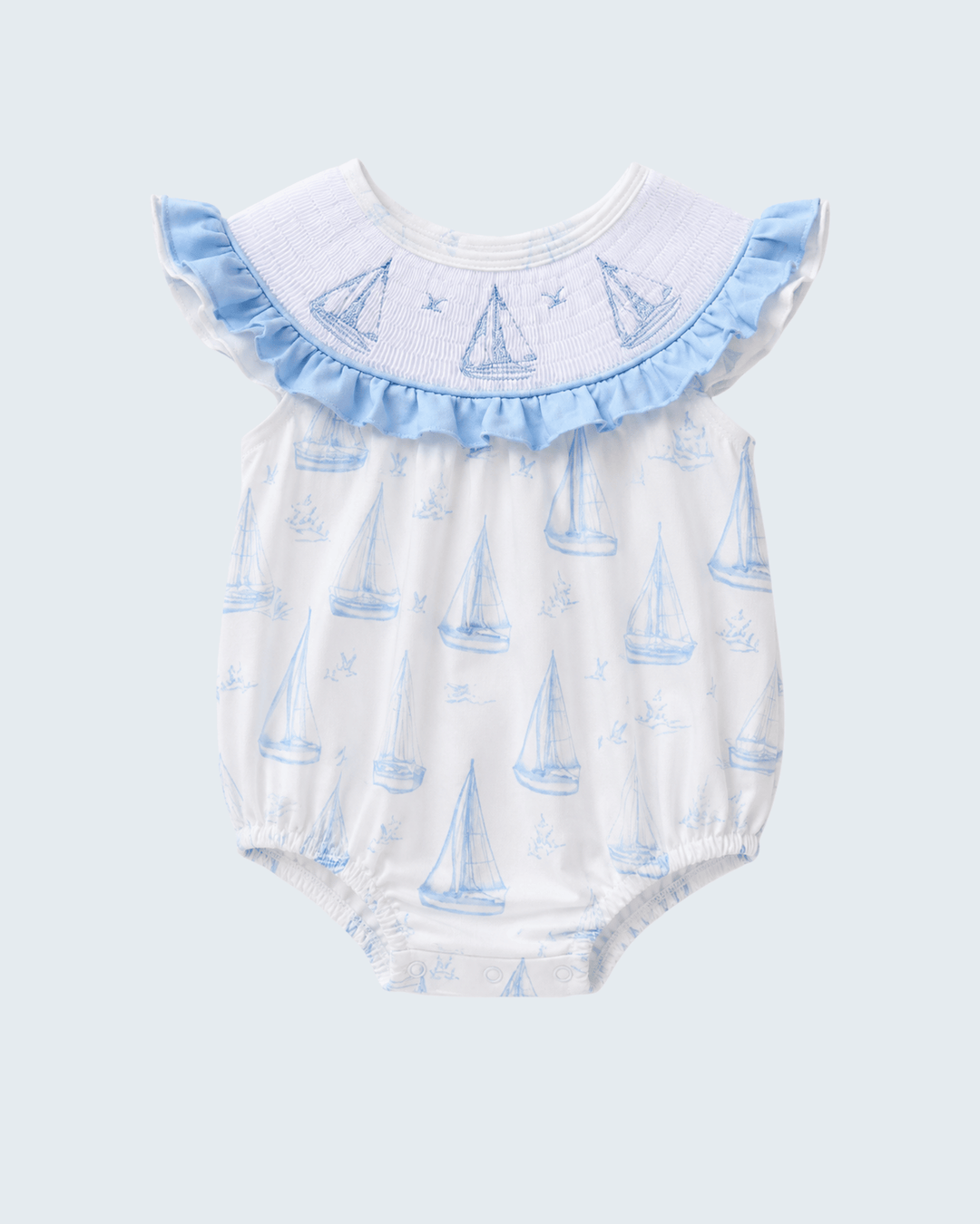 Blue Sailboat Smocked Ruffle Bubble on light blue background