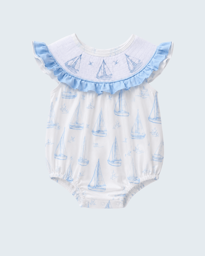 Blue Sailboat Smocked Ruffle Bubble on light blue background