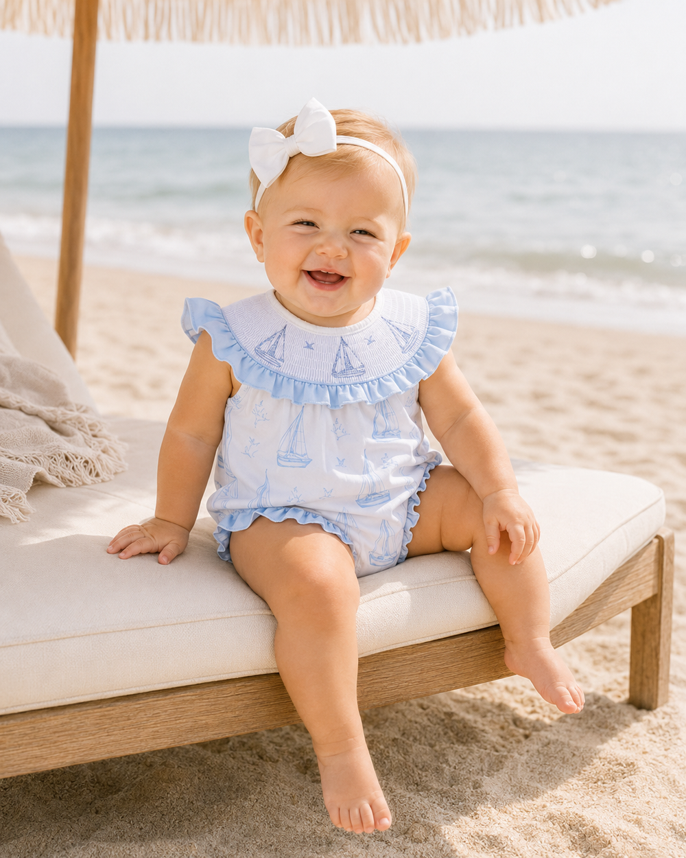 baby girl sitting on a sunbed on the beach