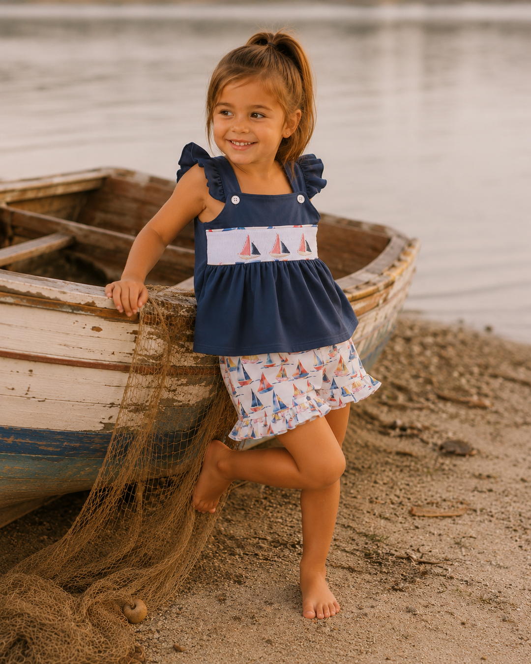 Young girl leaning up against an old wooden boat.