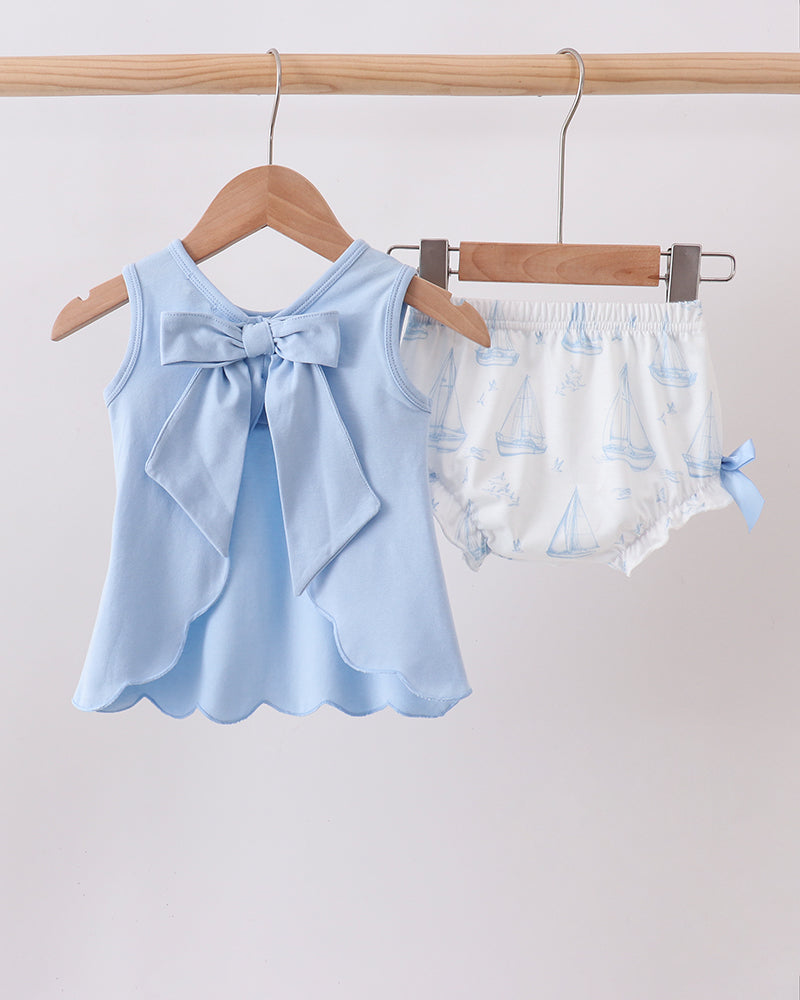 Blue Sailboat Smocked Scalloped Bloomer Set on wooden hanger