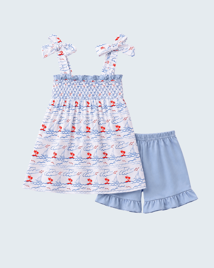 Blue Sailboat Smocked Set on light blue background