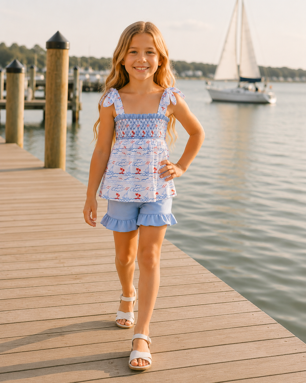 Young girl is walking on a wooden bridge by the marina