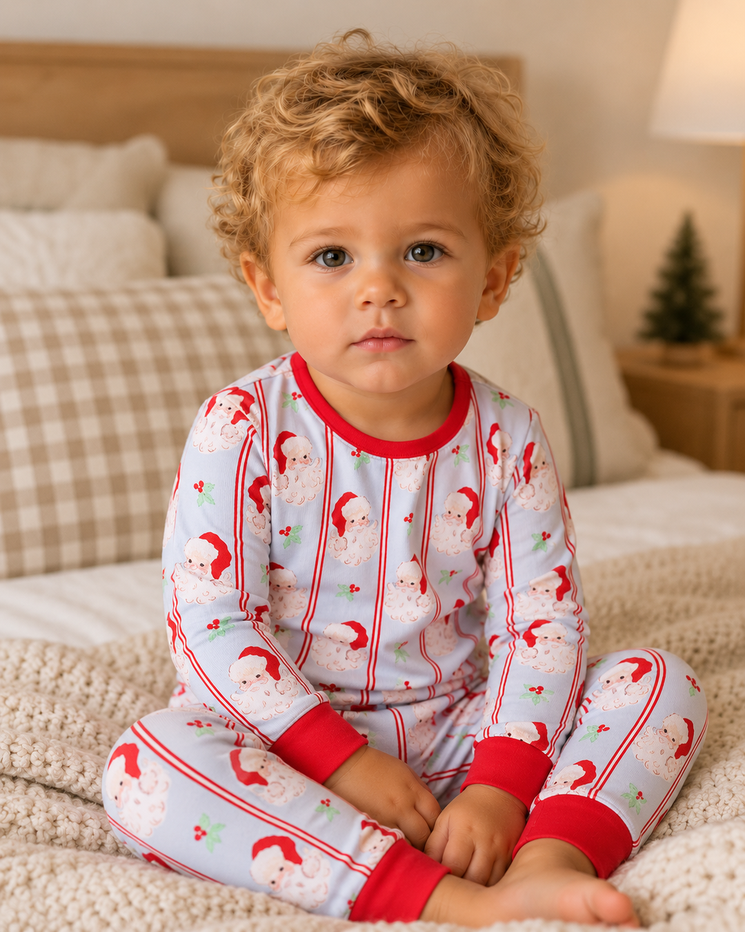 Children’s Santa Claus bamboo Christmas pajama set with red cuffs and striped trim