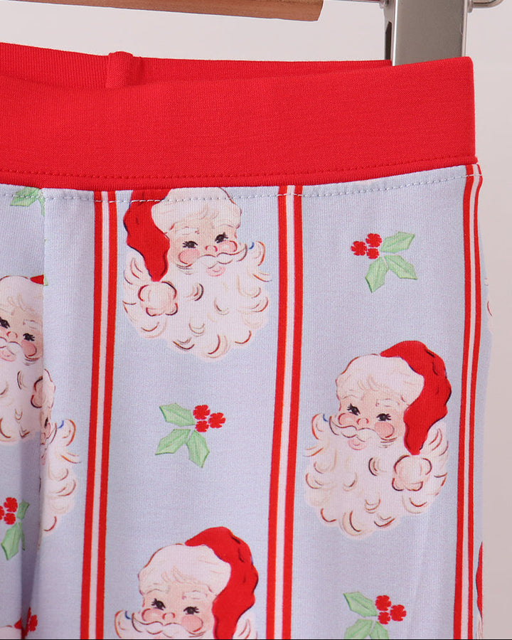 Kids bamboo pajama pants detail with red waistband and vertical stripe Santa face print