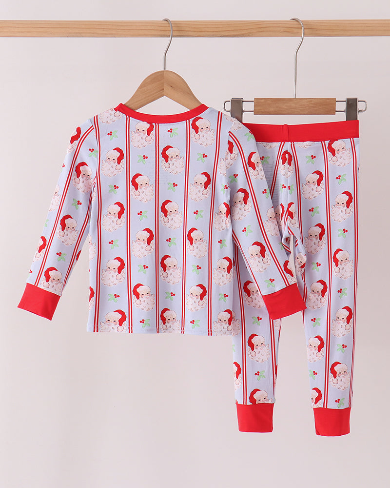 Kids bamboo pajama set with long-sleeve top and pants, white with red Santa stripe print