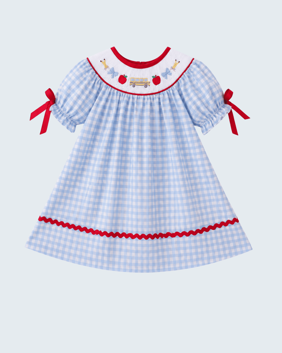 Blue School Bus Smocked Gingham Dress onm light blue backgroud