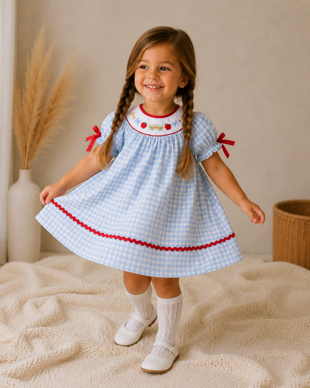 Young girl standing on a blanket twirling her dress