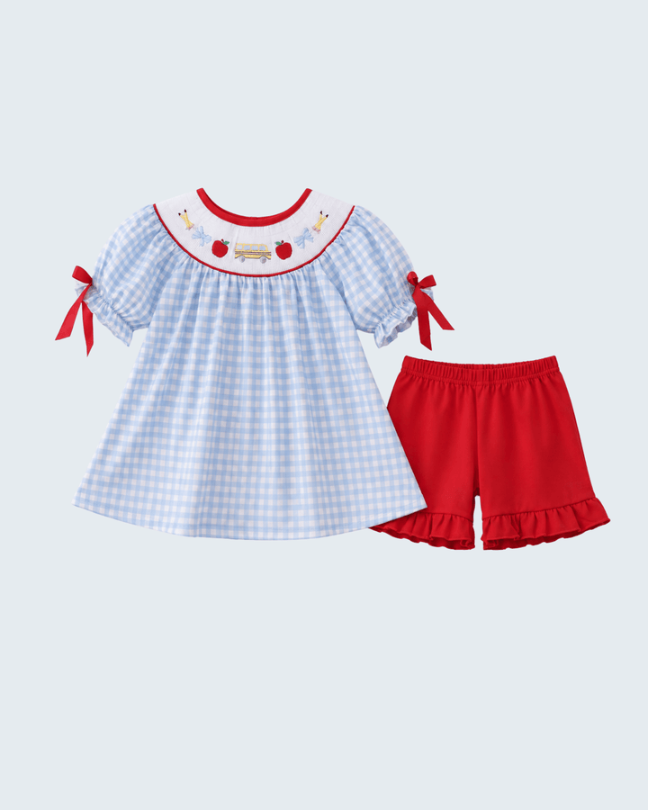 Blue School Bus Smocked Gingham Ruffle Shorts Set on light blue background