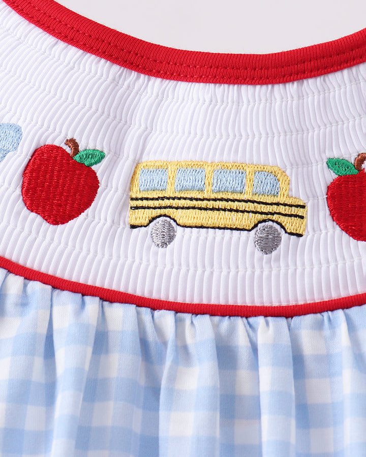 Apple and school bus embroidery on blue gingham dress