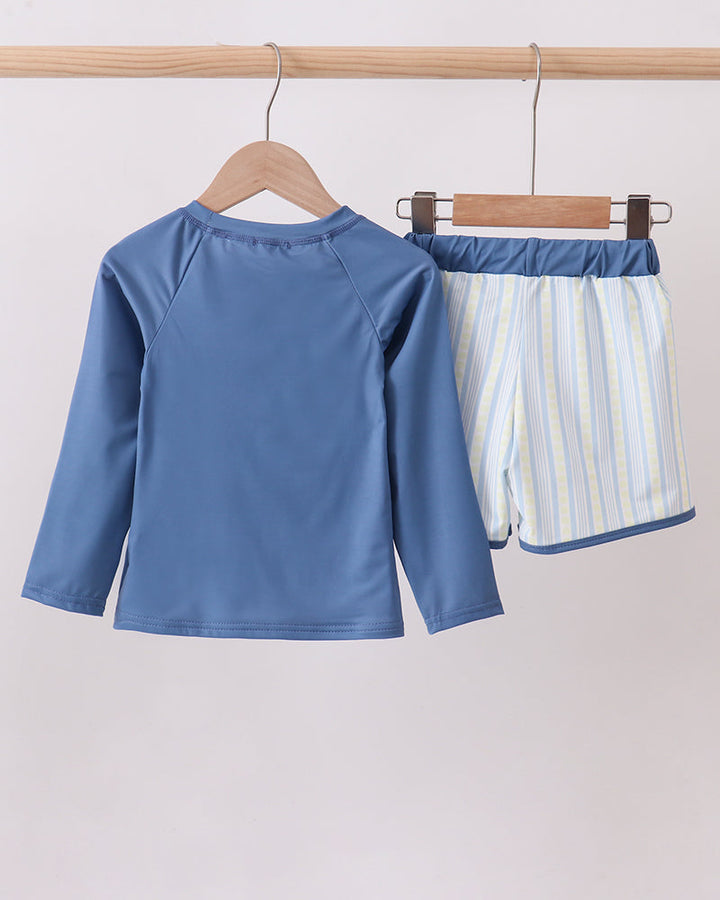 Boys Blue Shark Applique Stripe 2-Piece Swimsuit