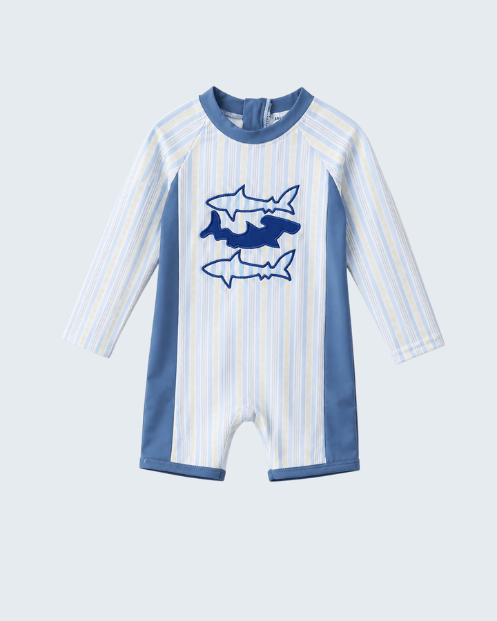 Baby boy Blue Shark Applique Stripe Swimsuit