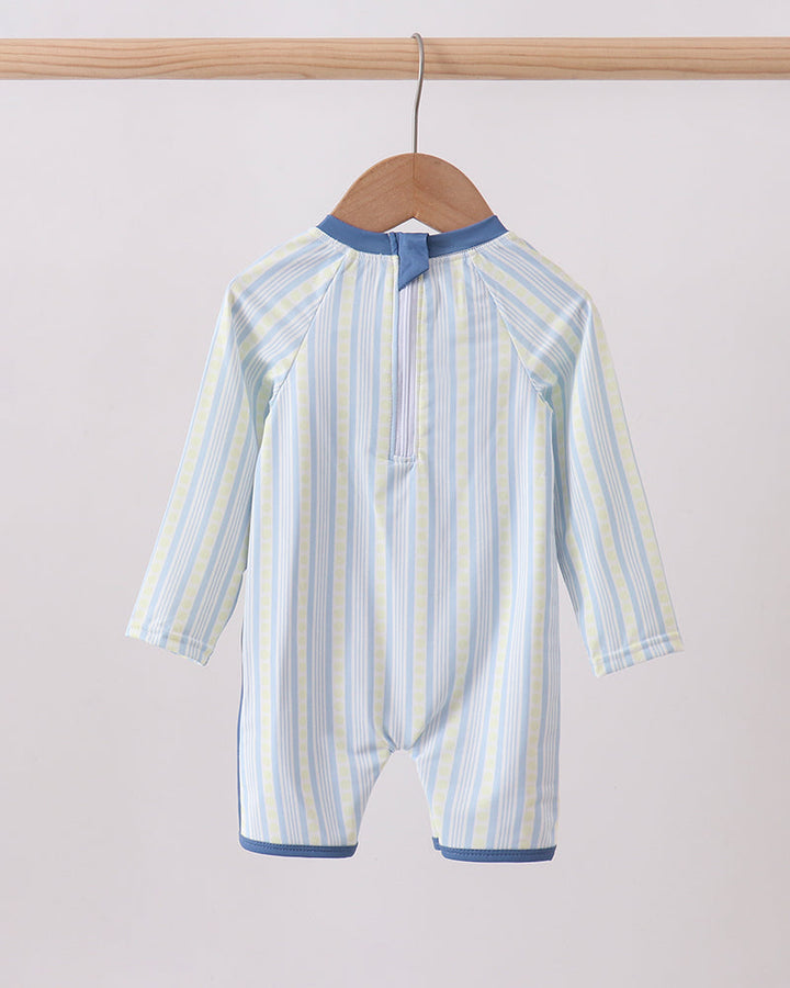 Blue Shark Applique Stripe Swimsuit on hanger