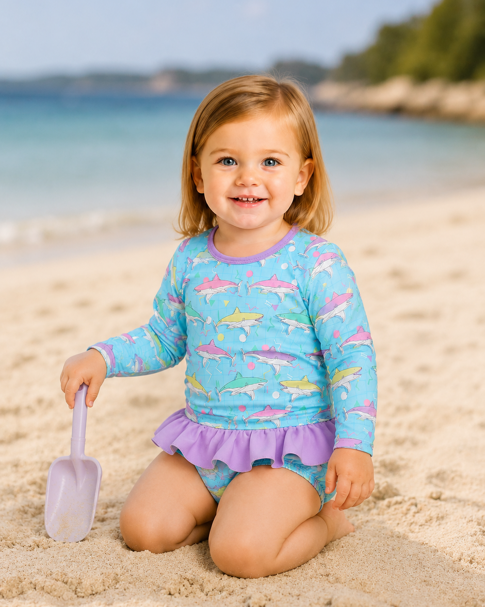 Child in a shark-patterned shirt and purple shorts sitting on a sandy beach with a shovel.