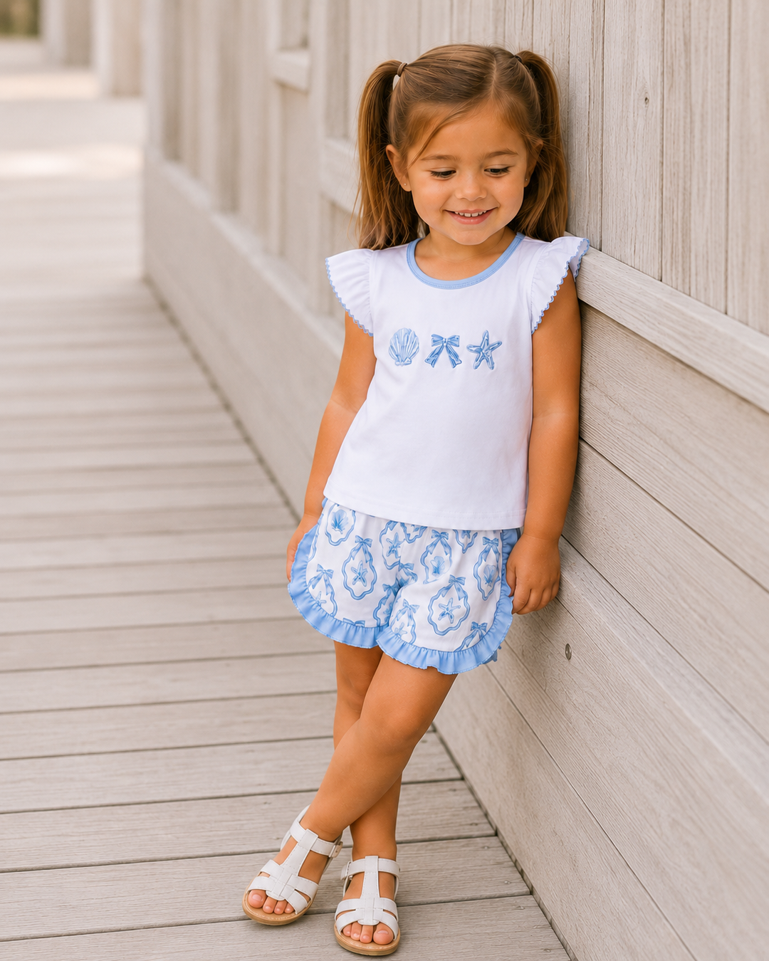 Young girl in a white top with blue starfish designs and blue floral shorts standing against a wooden wall.