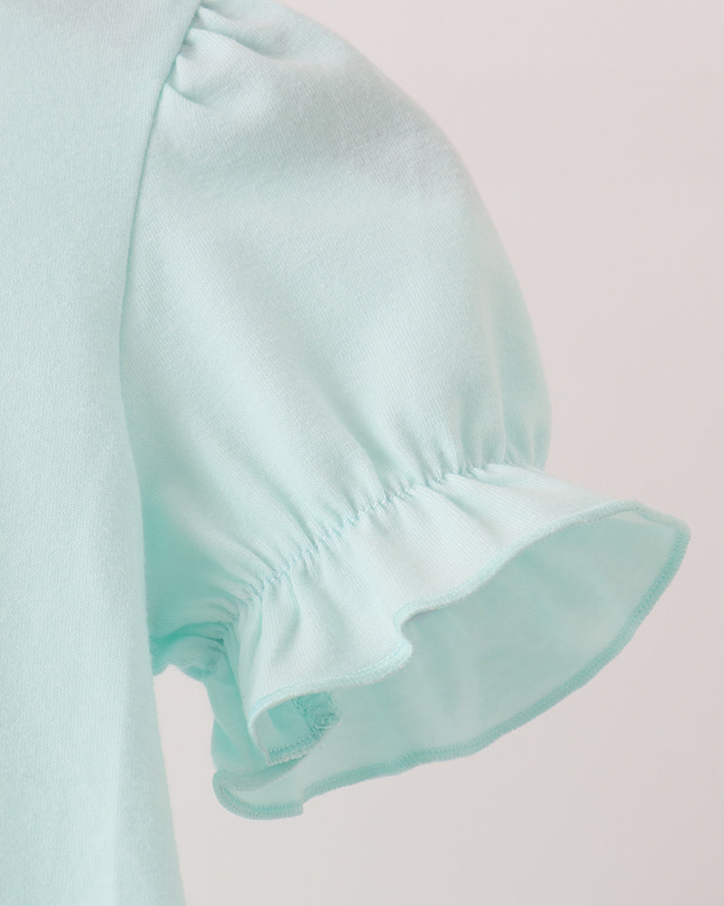 Mint green bubble romper sleeve with gathered ruffle cuff
