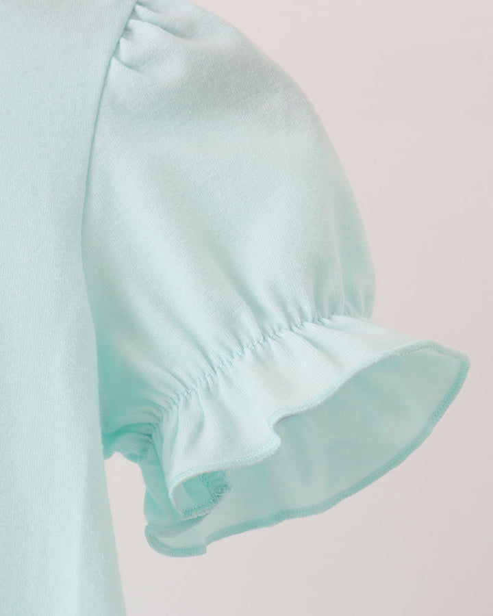 Mint green bubble romper sleeve with gathered ruffle cuff