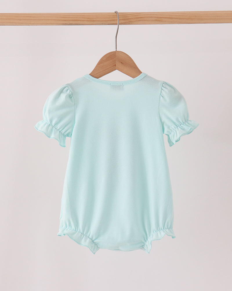 Mint green bubble romper with ruffled sleeves and gathered bottom