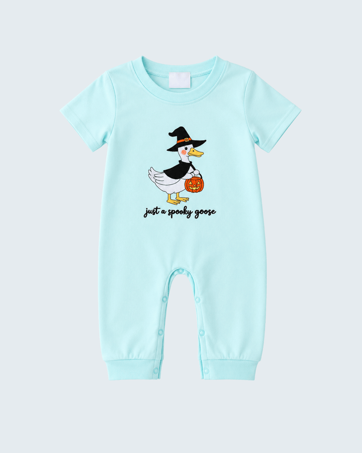 Blue Spooky Goose Embroidered Romper