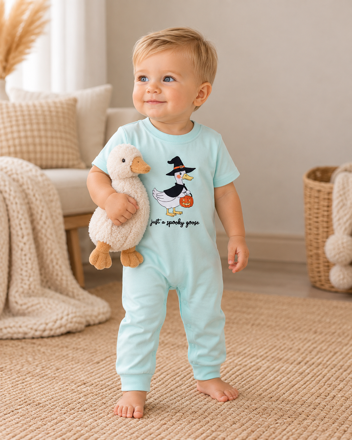 Baby boy is wearing a Blue Spooky Goose Embroidered Romper