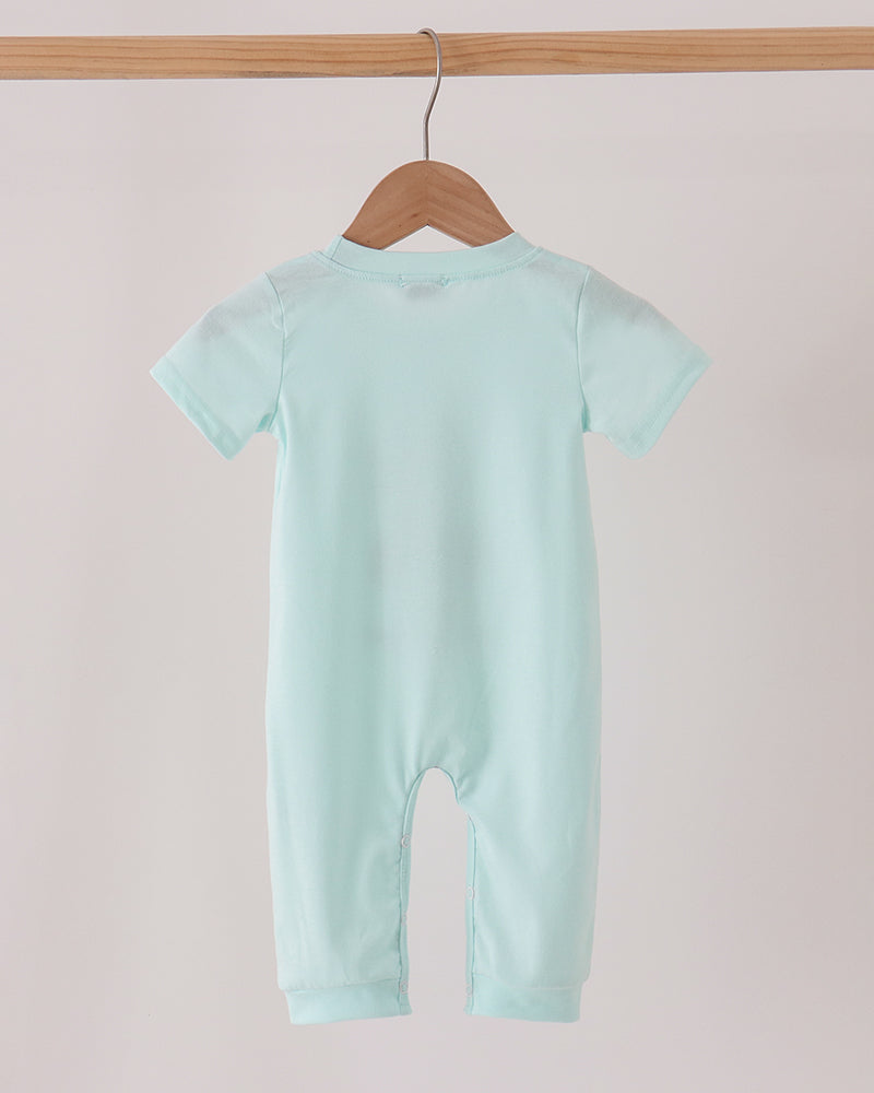 Light blue short-sleeve romper, plain back with crew neck