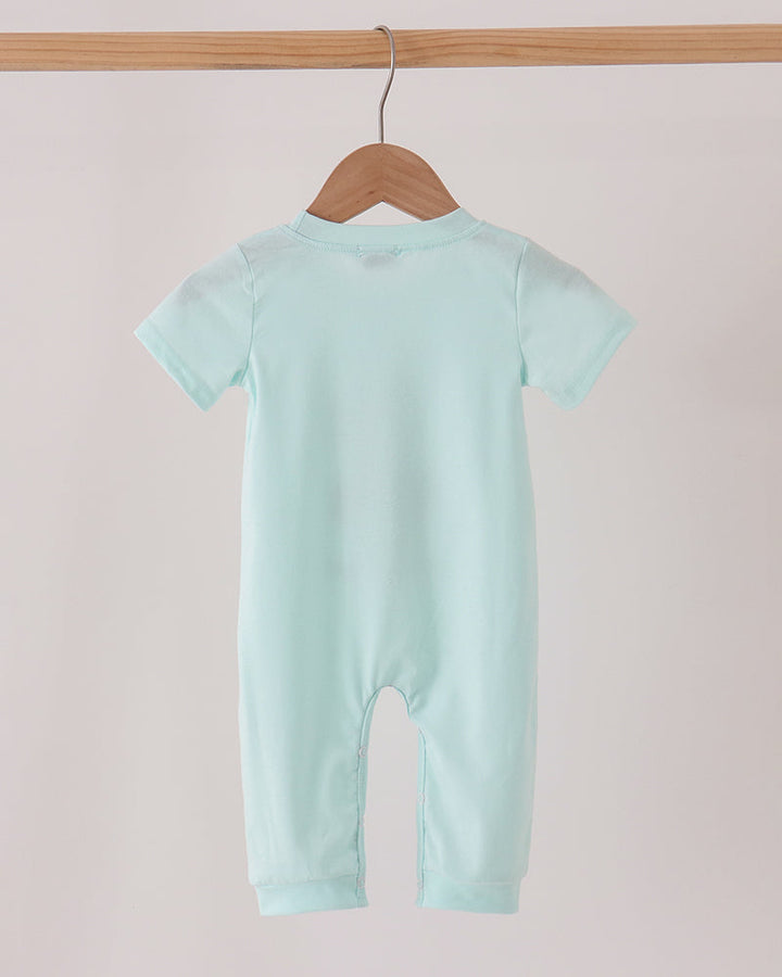 Light blue short-sleeve romper, plain back with crew neck