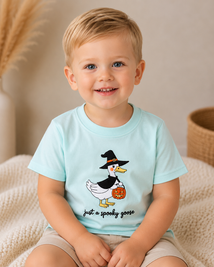 Toddler boy is wearing a Blue Spooky Goose Embroidered Top