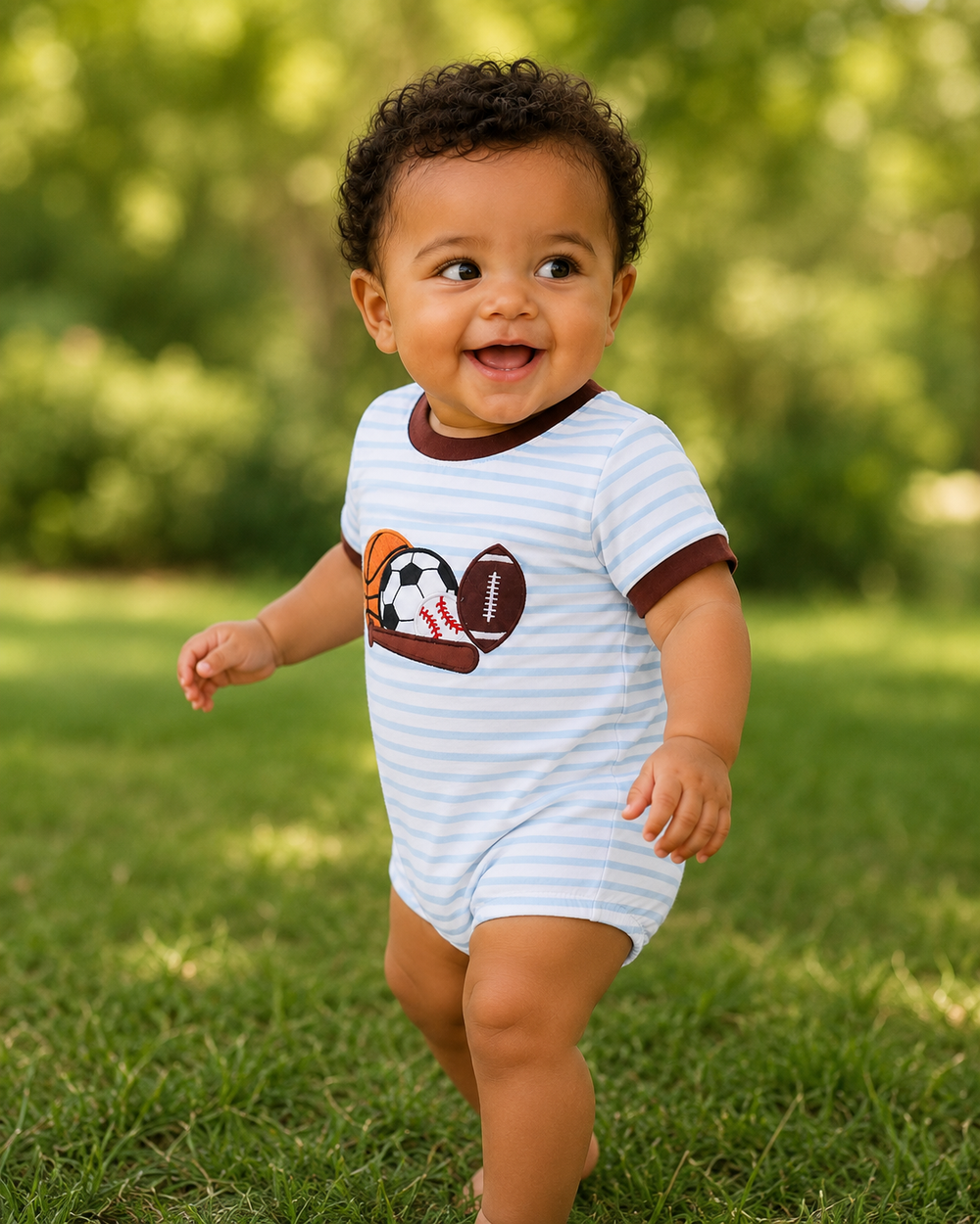 Baby in a striped onesie with sports-themed design outdoors