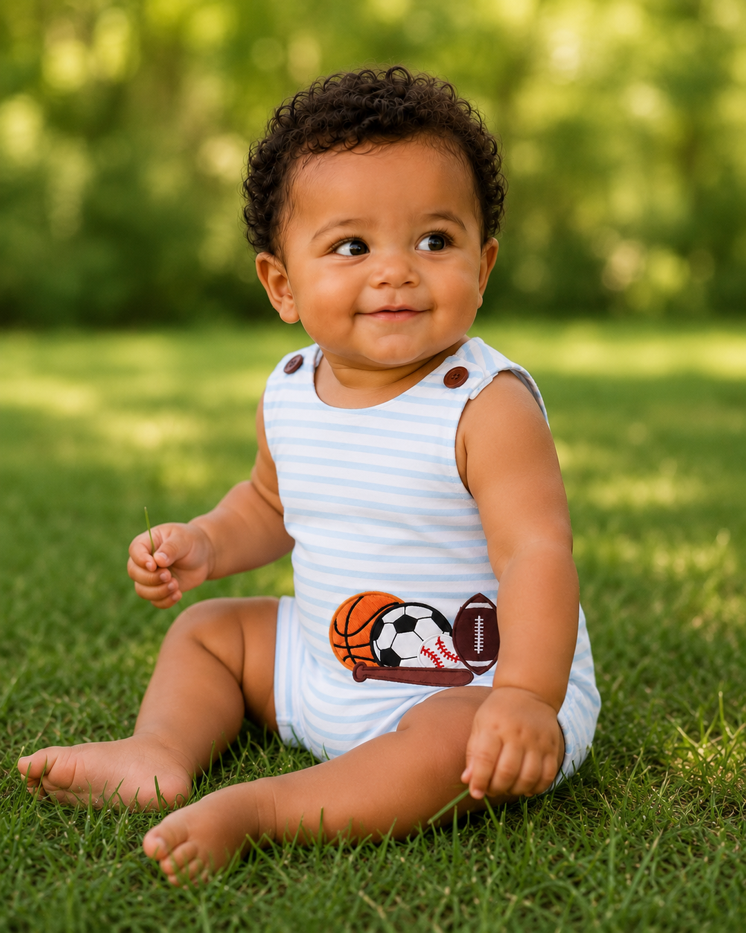 Baby sitting on grass wearing a sleeveless onesie with sports-themed design