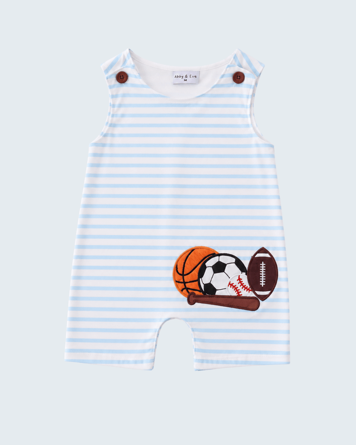 Striped baby romper with sports-themed design on a light blue background