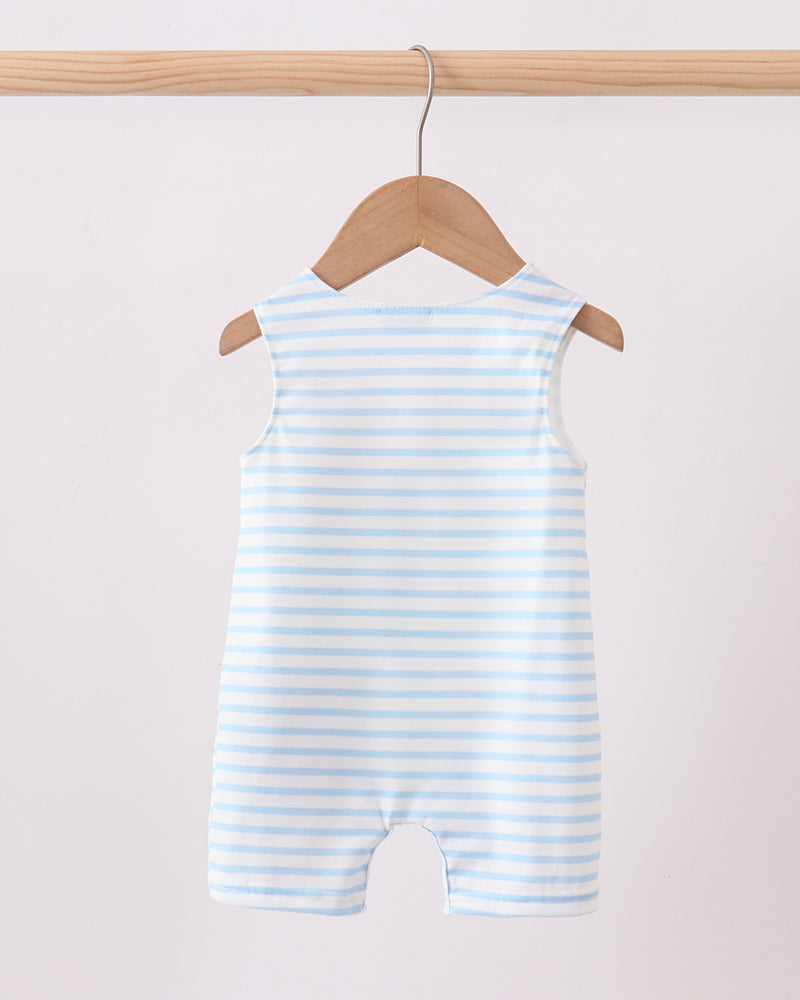 Blue and white striped baby romper on a wooden hanger against a light background