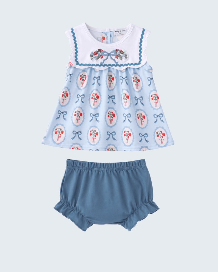 Blue Strawberry Bow Embroidered Bloomer Set on a light grey background