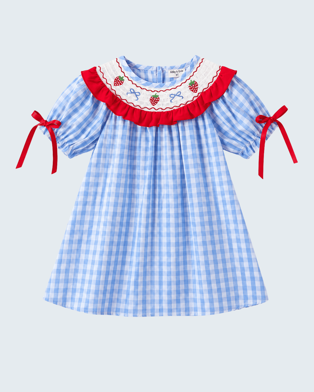 Girls Blue Strawberry Bow Embroidered Smocked Dress