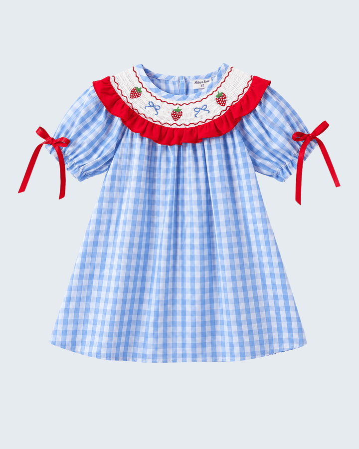 Girls Blue Strawberry Bow Embroidered Smocked Dress