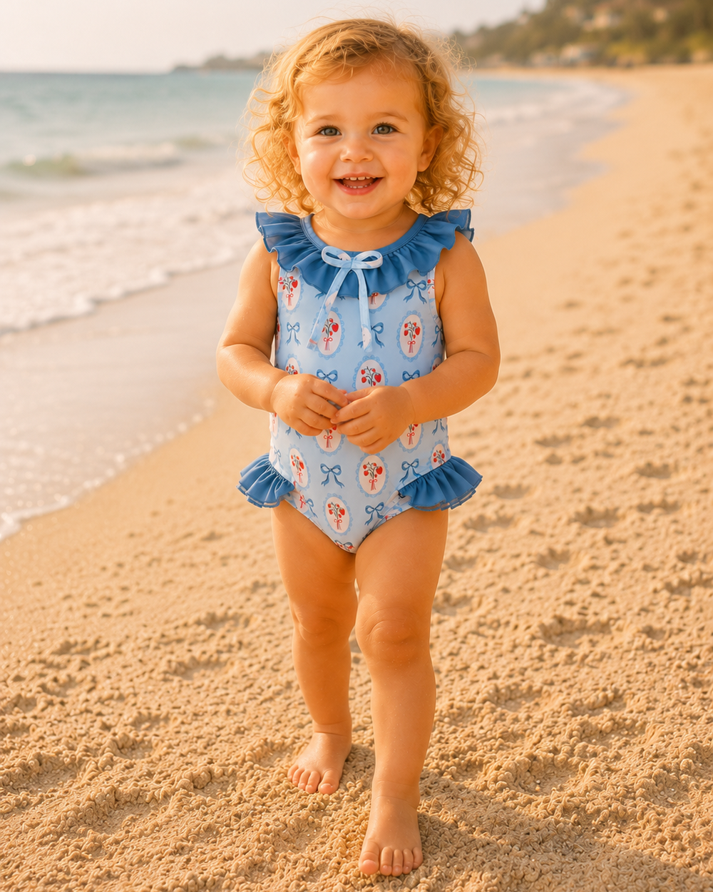 Toddler walking on the beach.