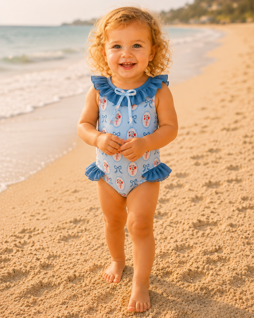 Toddler walking on the beach.