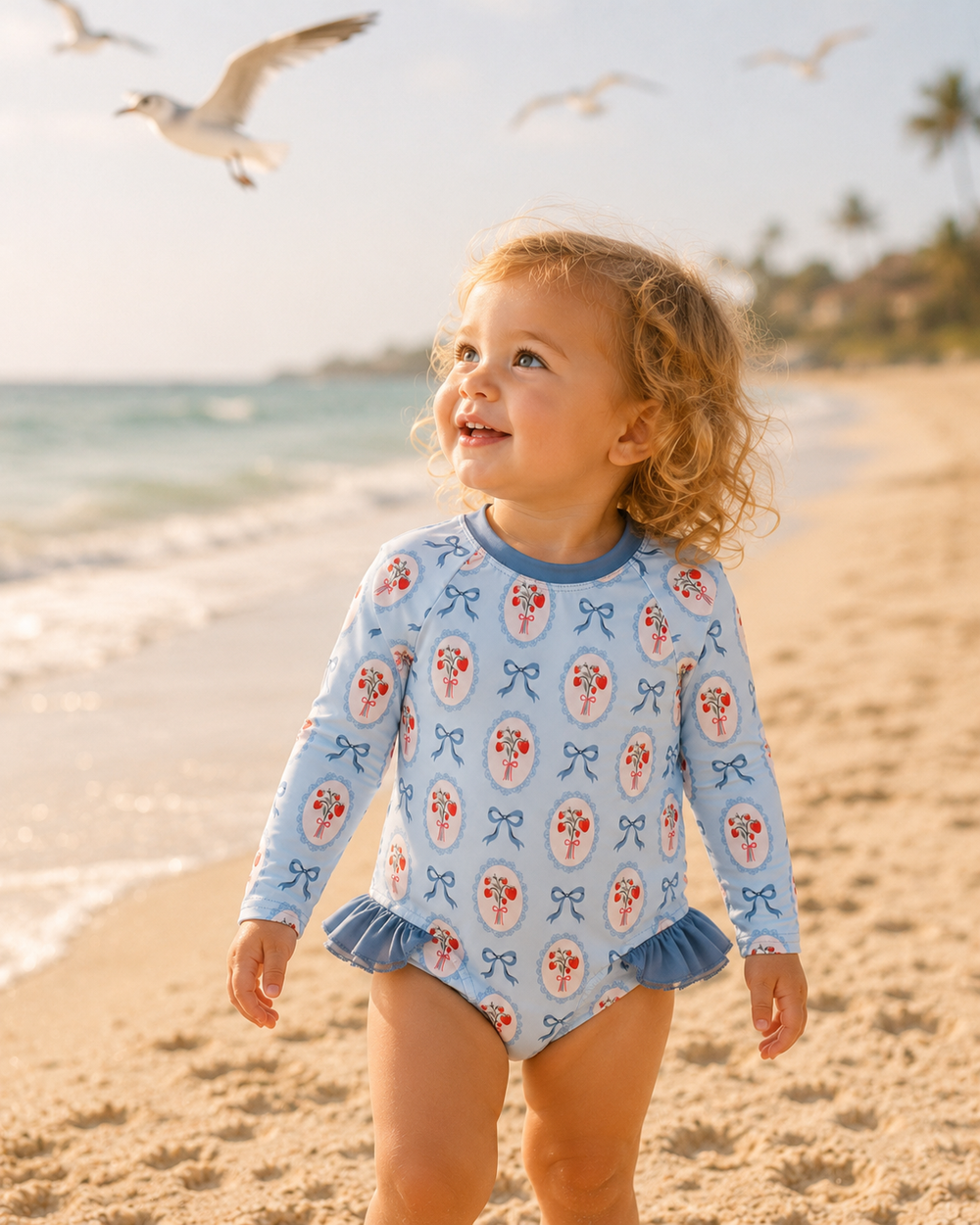 Toddler girl on a beach looking at birds