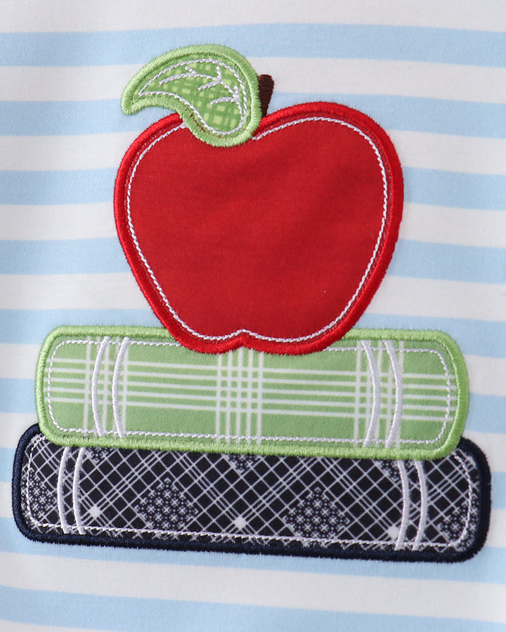 Blue striped bubble with apple and stacked book appliqué