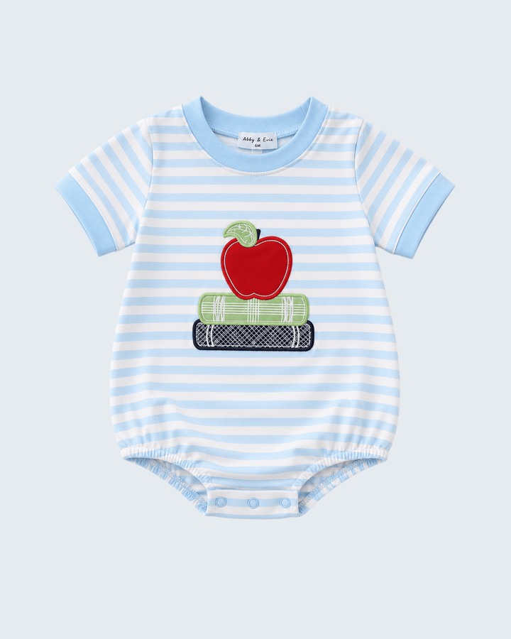 Blue and white striped bubble with apple and books appliqué
