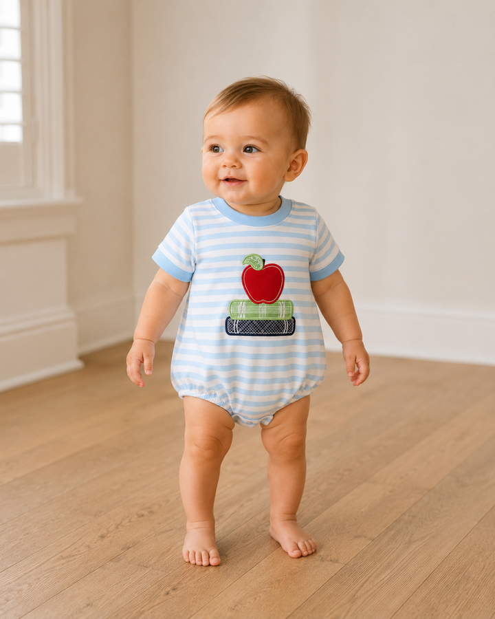 Blue striped baby bubble with apple book appliqué