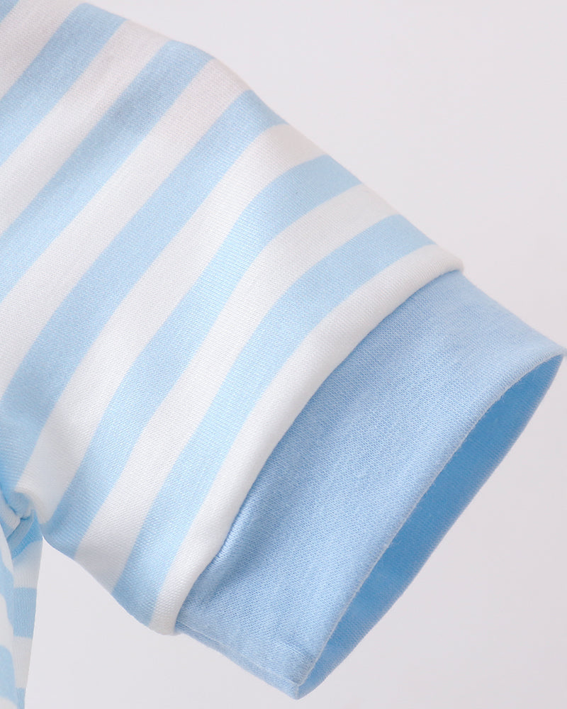 Light blue striped baby romper sleeve with gathered cuff