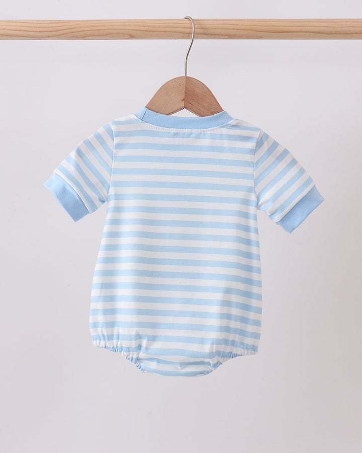 Light blue striped short-sleeve bubble romper with snap legs