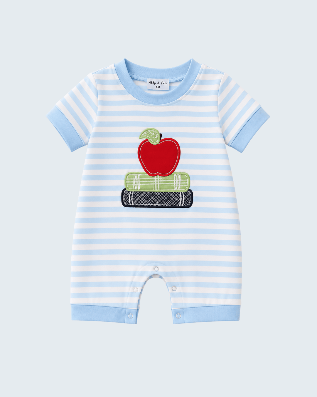 Blue Stripe Apple Book Appliqué Romper on light grey background
